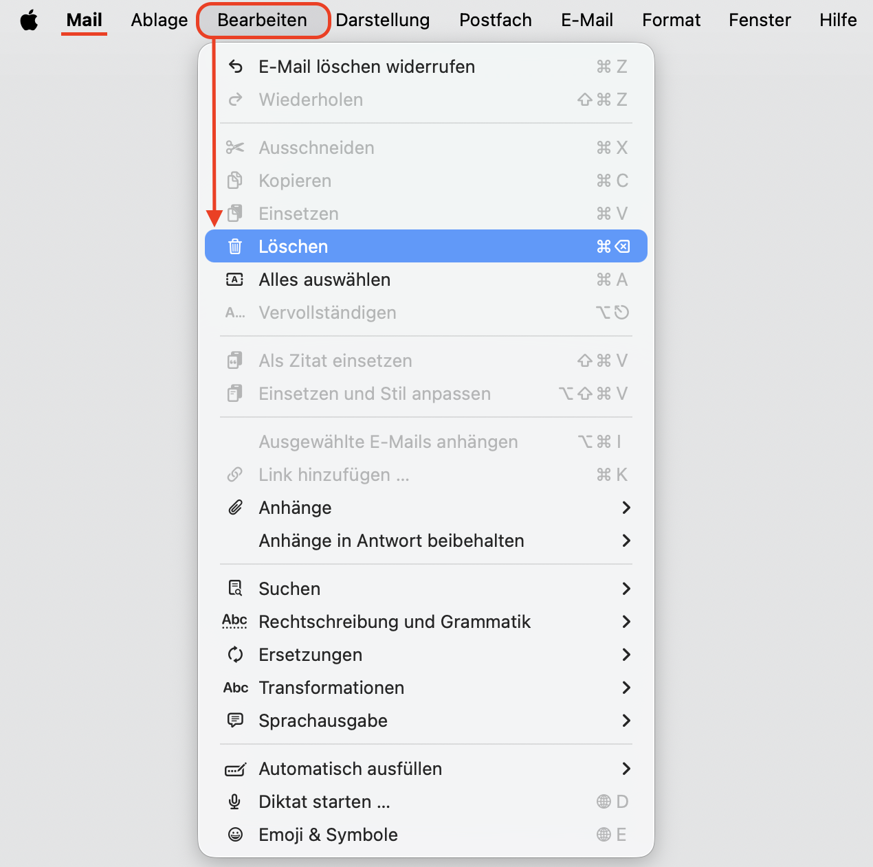 Das Menü Bearbeiten aus der Apple E-Mail-App mit hervorgehobener Funktion Löschen.