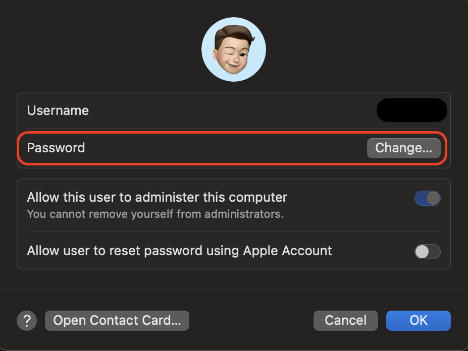 Click Change Password to update your login credentials and secure your Mac account by replacing your current password with a new one.