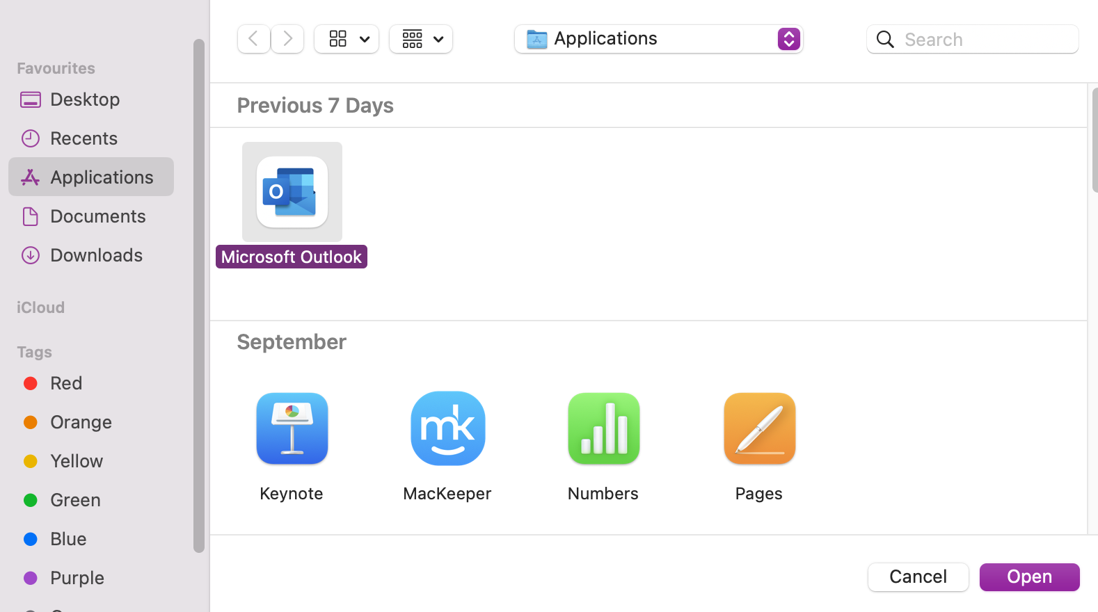 Once you have confirmed your ID, you'll be able to browse your applications. Look for Outlook and once found, highlight and click on Open. This will give the app full access to your disk - hopefully fixing your verification issues.