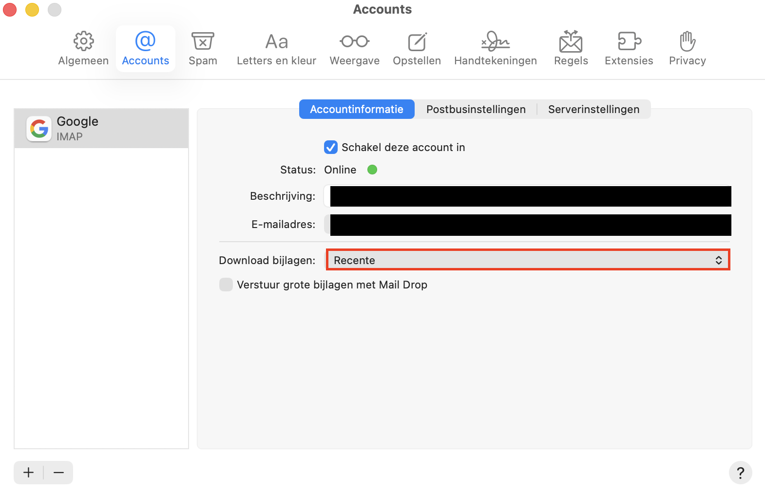 De accountinstellingen van de Apple Mail app met ‘Download bijlagen’ gemarkeerd. Dit maakt deel uit van een handleiding over hoe je de Mail cache verwijdert door de opslagruimte van Mail te verminderen.