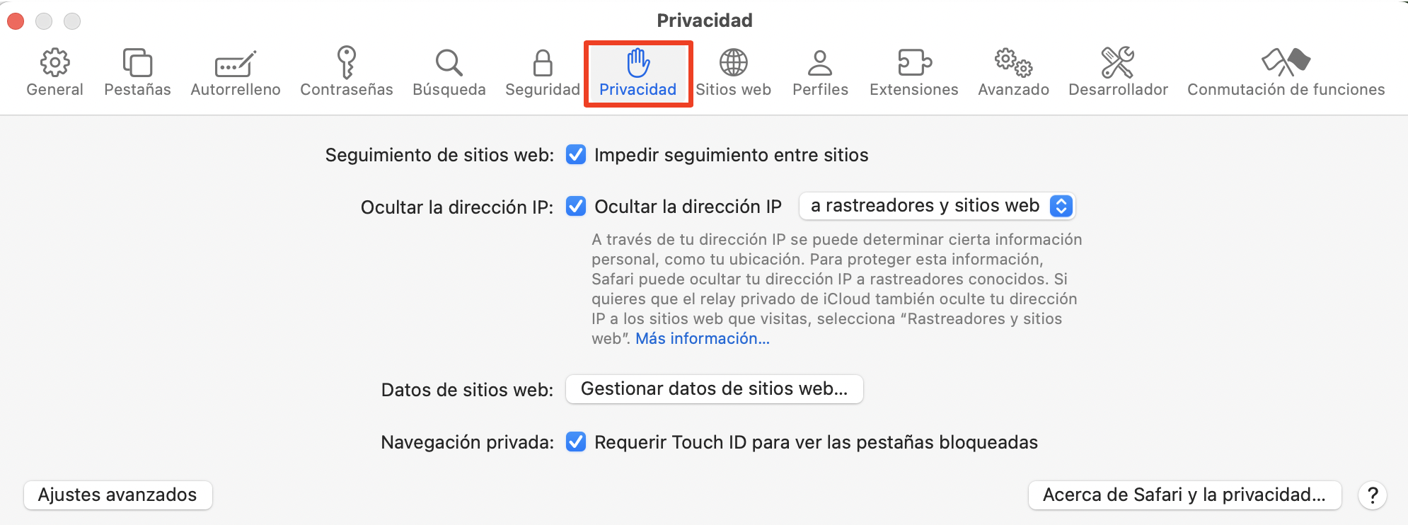 Ajustes de Safari en un Mac, con la pestaña Privacidad resaltada. Cómo arreglar servicio de cuentas quiere usar el llavero de inicio de sesión.