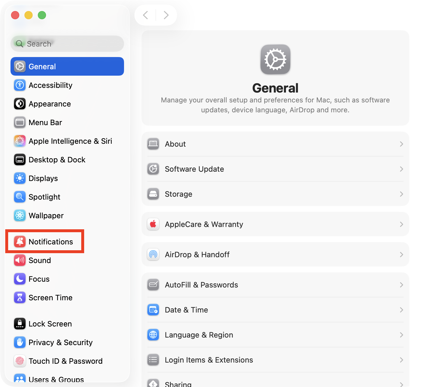 The Notifications option inside System Settings on Mac. Go here to control and silence notifications on Mac when you want to minimize distractions.