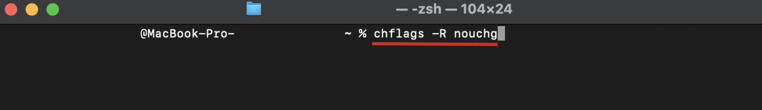 Uma janela do Terminal em um Mac. Se aparecer um erro ao tentar reparar as permissões do disco, digite e execute o comando chflags -R nouchg.