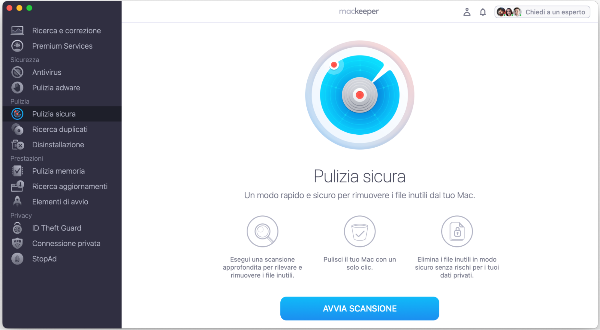 Per usare MacKeeper per eliminare i cookie e la cache del browser dal tuo Mac, apri semplicemente MacKeeper, seleziona Pulizia Sicura nella barra laterale e clicca su Avvia scansione.