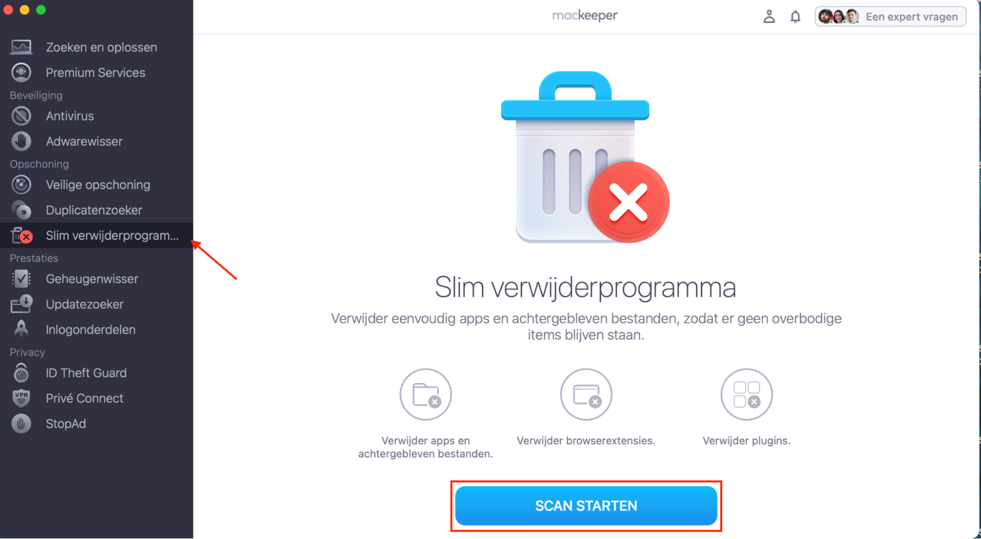 Het Slim Verwijderprogramma in MacKeeper op de Mac. Hiermee kun je apps en bijbehorende bestanden met slechts een paar klikken verwijderen.