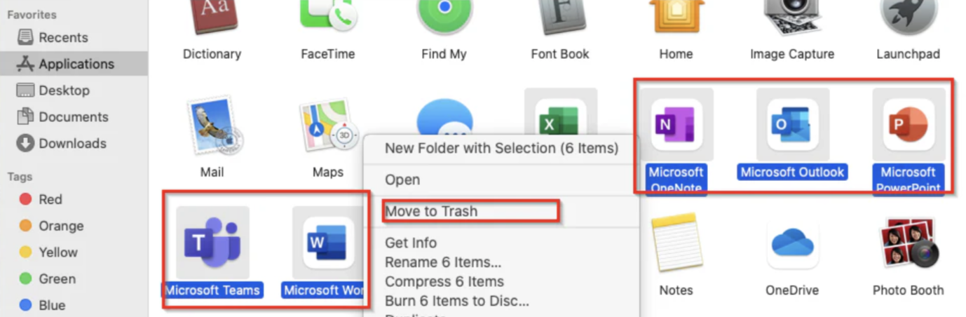 If updating your apps and Mac system has not resolved your Microsoft word issues, then it might be time to delete and reinstall the Office suite all together. To begin, go to your Applications folder, via Finder, and drag all associated apps to your Bin.