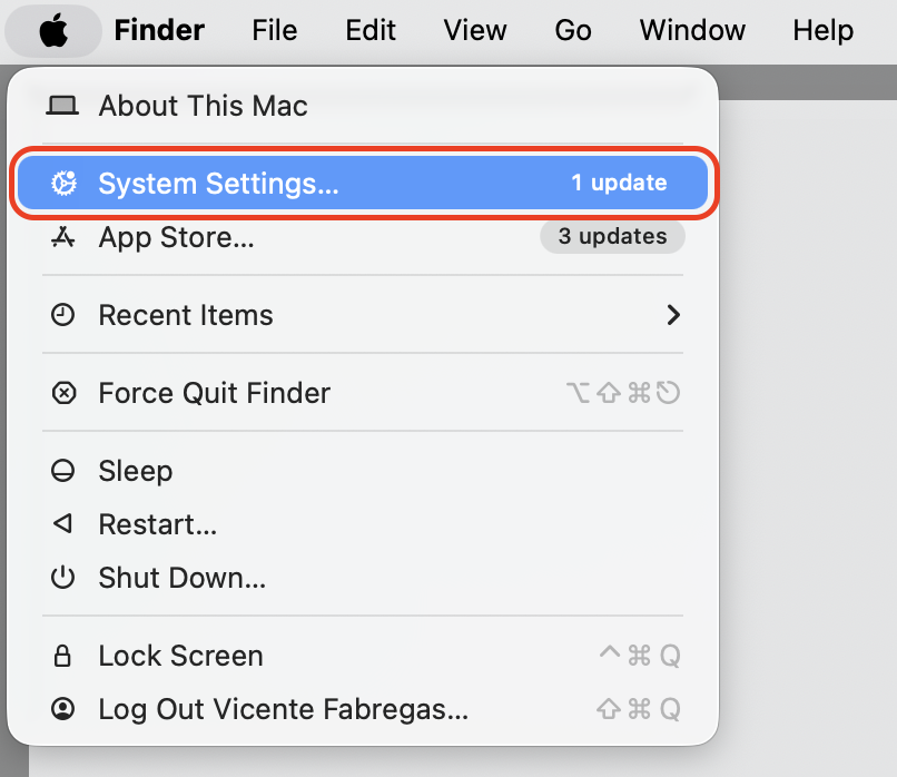 Apple menu open on a macOS Ventura MacBook with System Settings highlighted, the first step to reach Time Machine backup options.