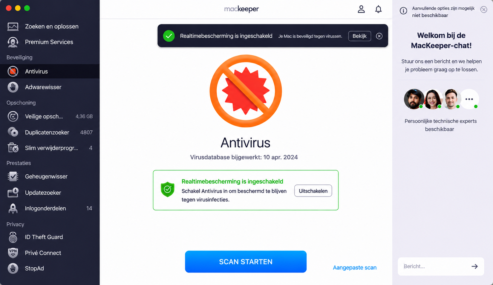 De Antivirus-tool van MacKeeper. ‘Start scan’ is gemarkeerd. Dit maakt deel uit van een handleiding over hoe je antivirussoftware installeert en een scan uitvoert om valse McAfee pop-ups op een Mac te stoppen.