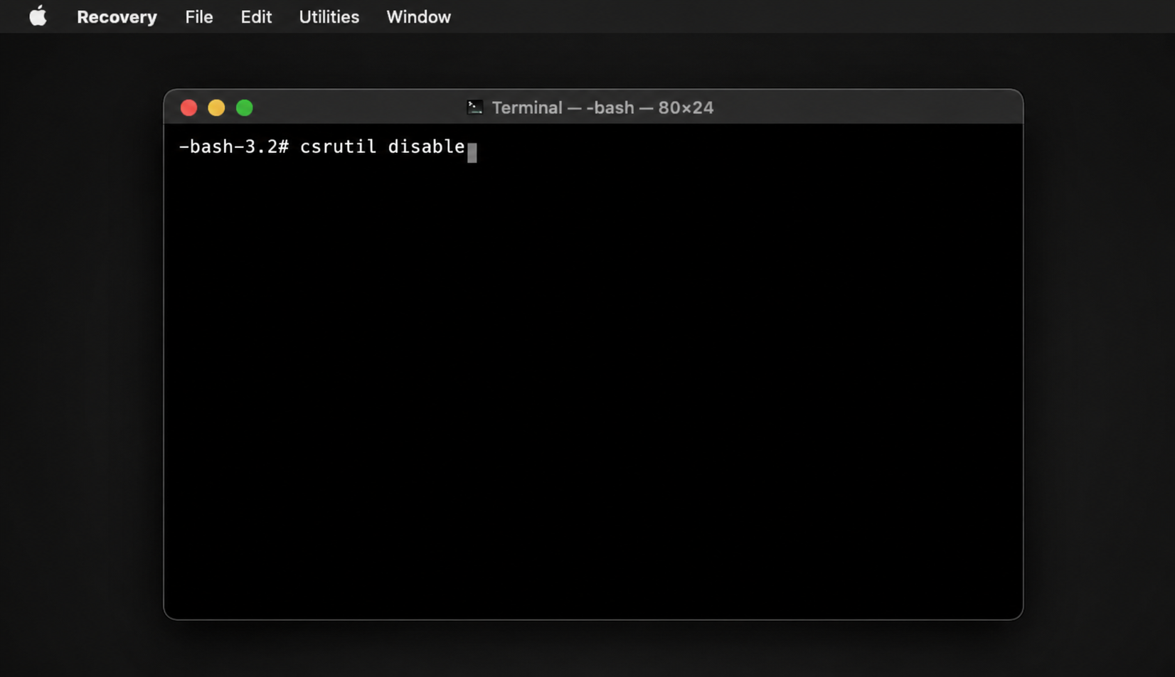 Recovery Mode Terminal on macOS Tahoe with the csrutil disable command typed to turn off System Integrity Protection on the Mac.