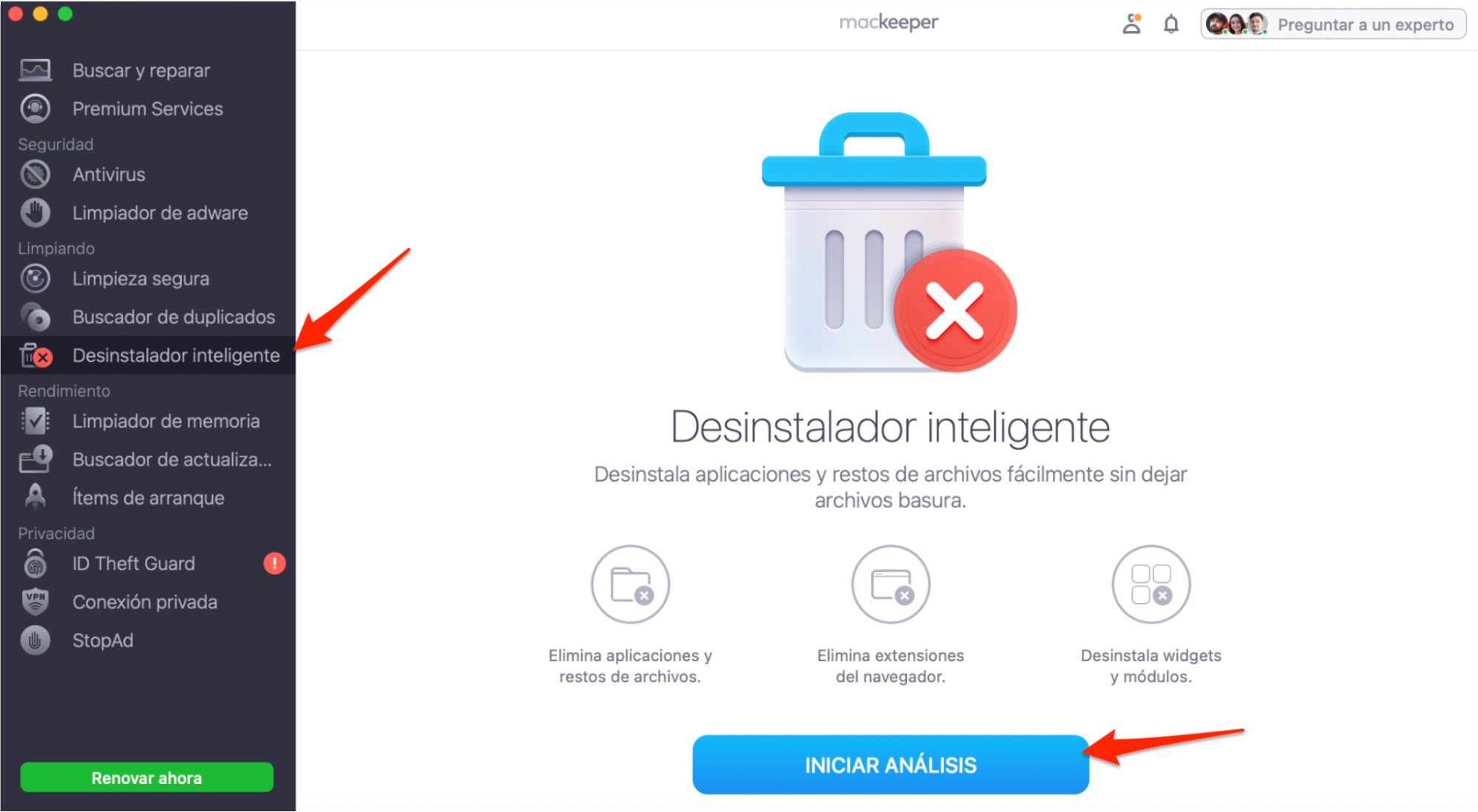 MacKeeper en Mac muestra la utilidad desinstalador inteligente. Haz clic en Iniciar análisis para identificar todas las aplicaciones de tu equipo. MacKeeper en Mac muestra la utilidad desinstalador inteligente. Haz clic en Iniciar análisis para identificar todas las aplicaciones de tu equipo.