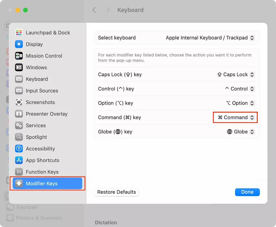 Select the Modifier Keys option from the sidebar, head to the Command key setting and choose Command. Do this to fix function keys not working on Mac.