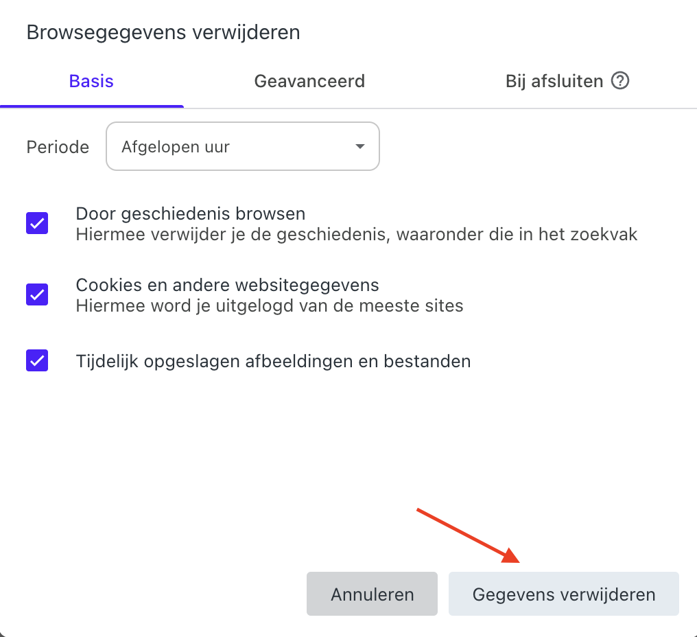 Opera op de Mac toont het venster ‘Browsegegevens wissen’. Selecteer de gegevens die je wilt verwijderen en klik op de knop ‘Gegevens wissen’ om ze te verwijderen.