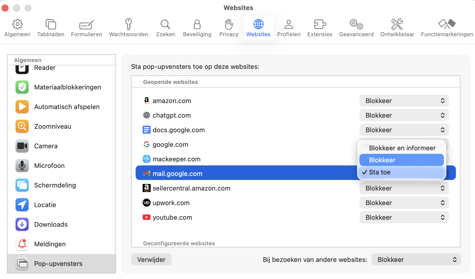 Als je een pop-up ziet die je wilt blokkeren, gebruik je het keuzemenu en selecteer je ‘Blokkeer’. Zo voorkomt Safari dat de pop-up je in de toekomst nog stoort.