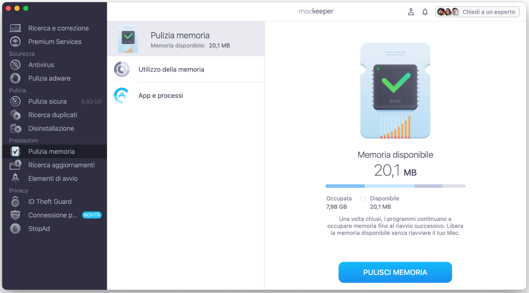Qui vedi l’utilizzo della memoria sul tuo Mac. Per visualizzare i dettagli, fai clic su Utilizzo memoria o App e processi a sinistra. Poi fai clic sul pulsante Pulisci memoria.