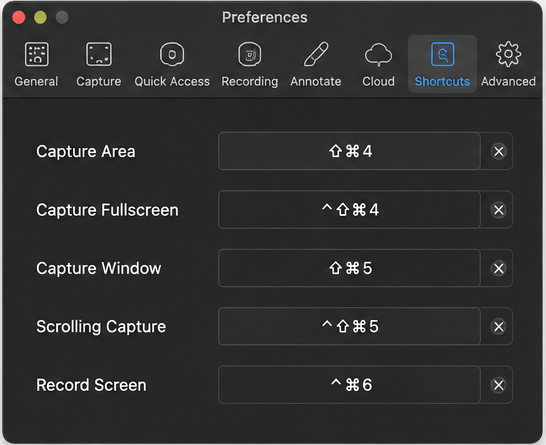 An app's Preferences Shortcuts tab on a MacBook, where you remove or change bindings that conflict with macOS system keyboard shortcuts.