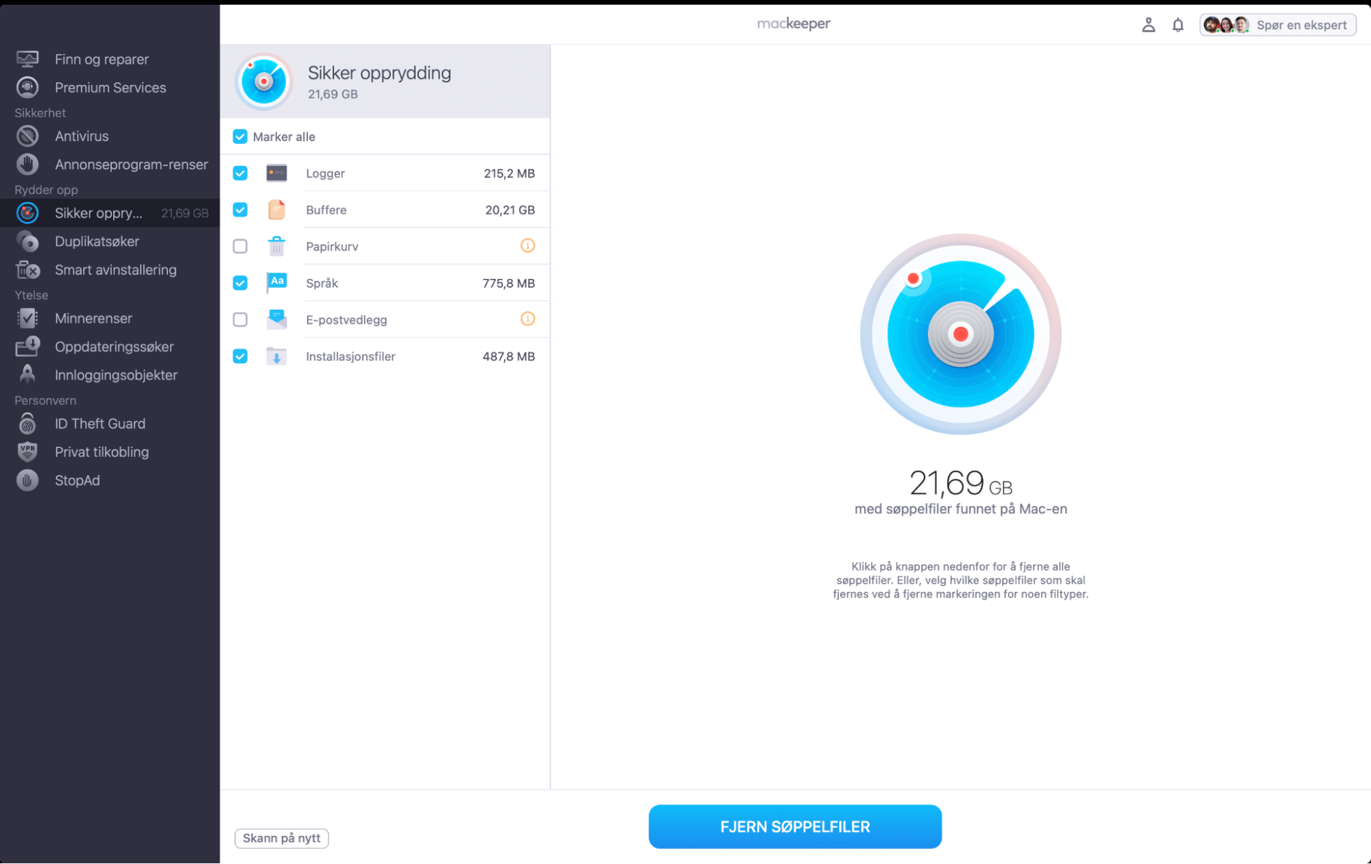 Du kan også optimalisere Macen etter en oppdatering ved å tømme hurtigbuffere og søppelfiler. Du kan gjøre dette manuelt, men et dedikert verktøy gjør prosessen enklere. Sikker Opprydding i MacKeeper kan søke etter unødvendige midlertidige filer og fjerne dem trygt fra systemet ditt.