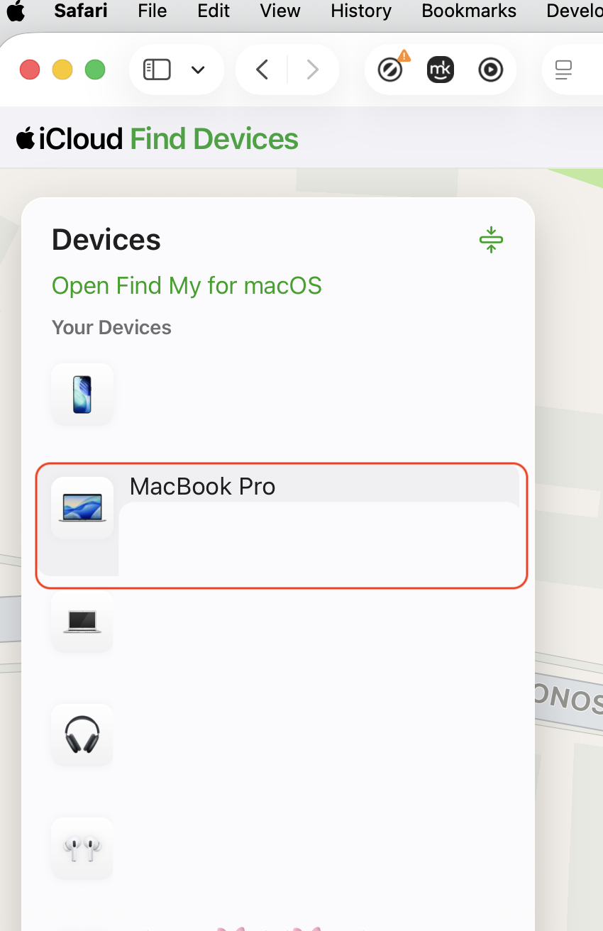 iCloud Find My web page in a browser with All Devices open and the Mac selected from the list to remotely erase the Apple computer.