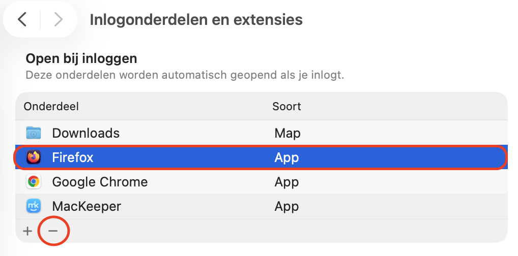 Selecteer in de lijst Inlogonderdelen een opstartapp die je wilt uitschakelen en klik op de min-knop om automatisch starten te verwijderen.