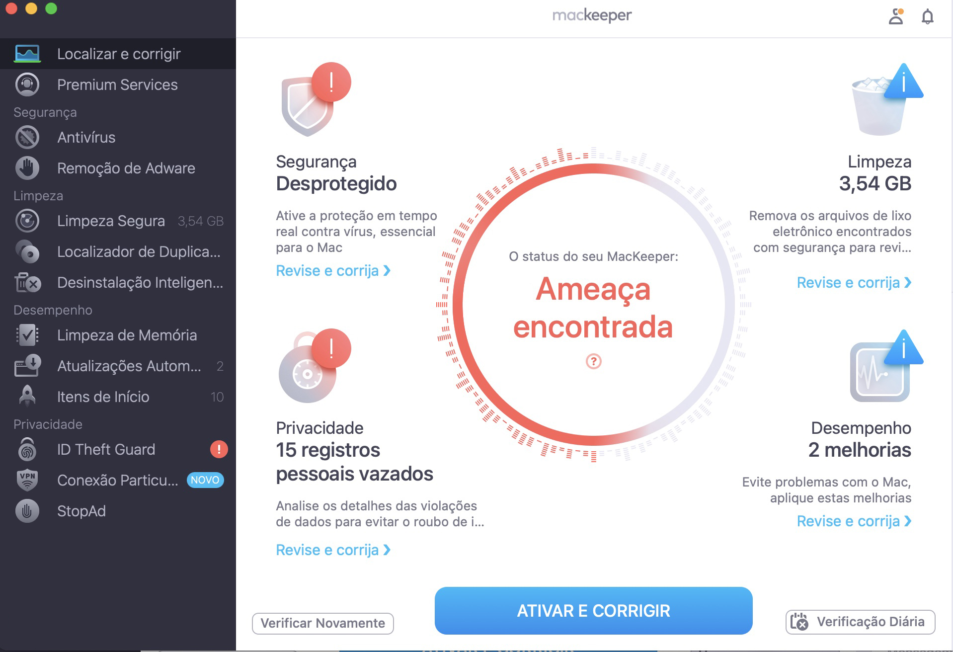 A verificação da ferramenta Localizar e Corrigir do MacKeeper foi concluída. Confira as melhorias recomendadas e clique em Corrigir itens com segurança