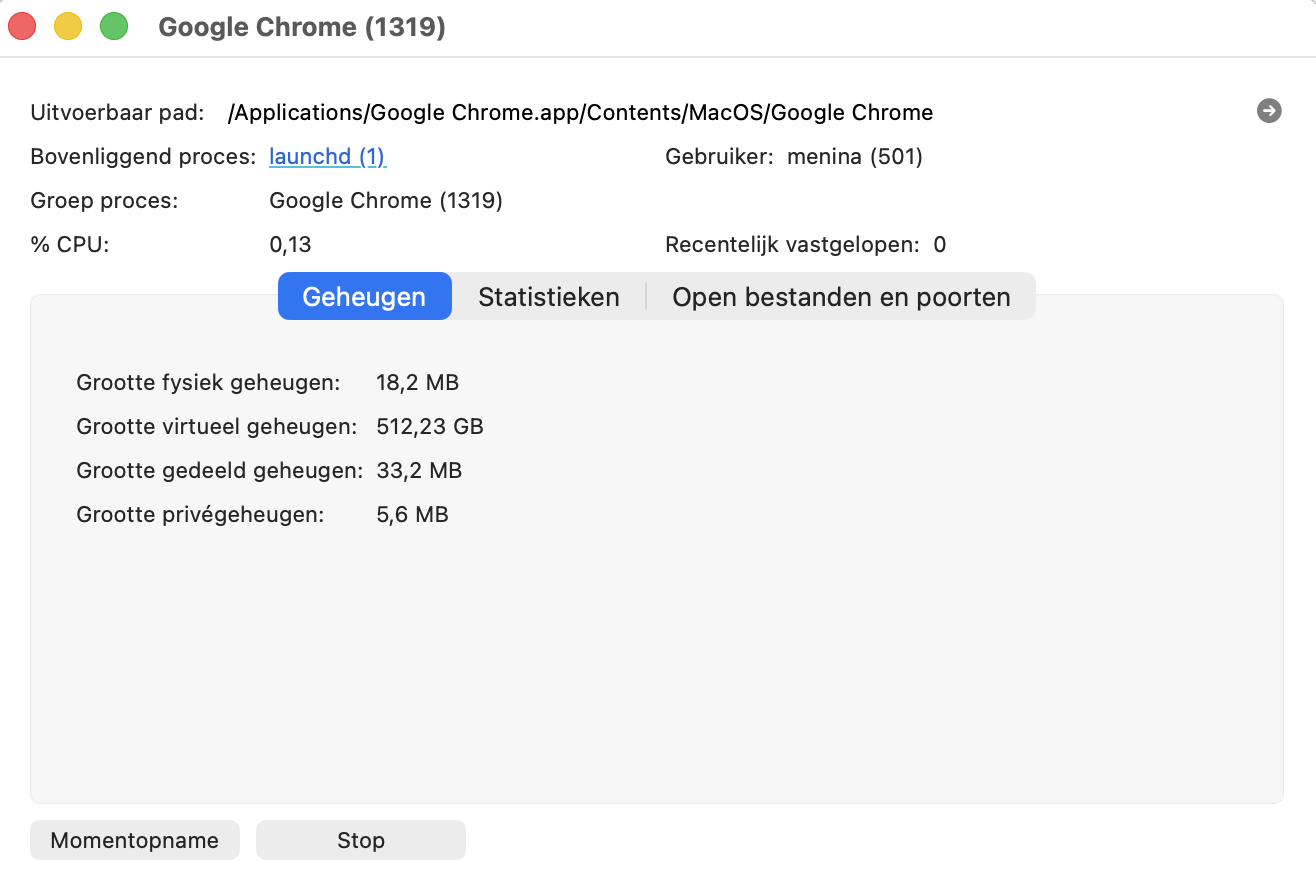 Dubbelklik op een app of proces in Activiteitenweergave en er verschijnt een nieuw venster. Klik op de knop 'Stop' om een proces op uw Mac te stoppen.