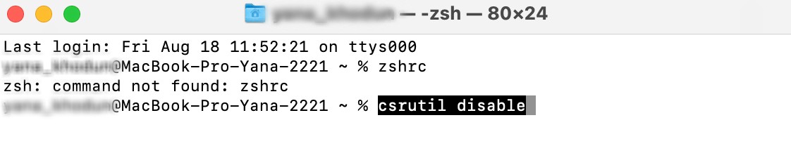 Mientras estás en el modo de recuperación de tu Mac, introduce el comando: csrutil disable para desactivar SIP como uno de los pasos de solución de problemas para acceder a la aplicación problemática.