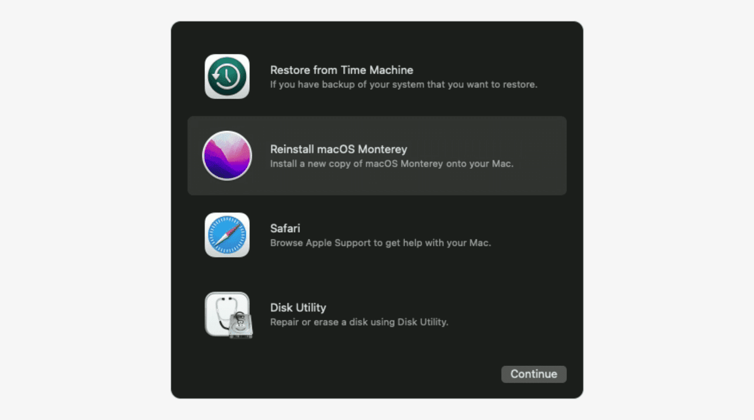 Power off your Mac, boot into macOS Recovery, select Reinstall macOS, click Continue, and follow the on-screen installation prompts.