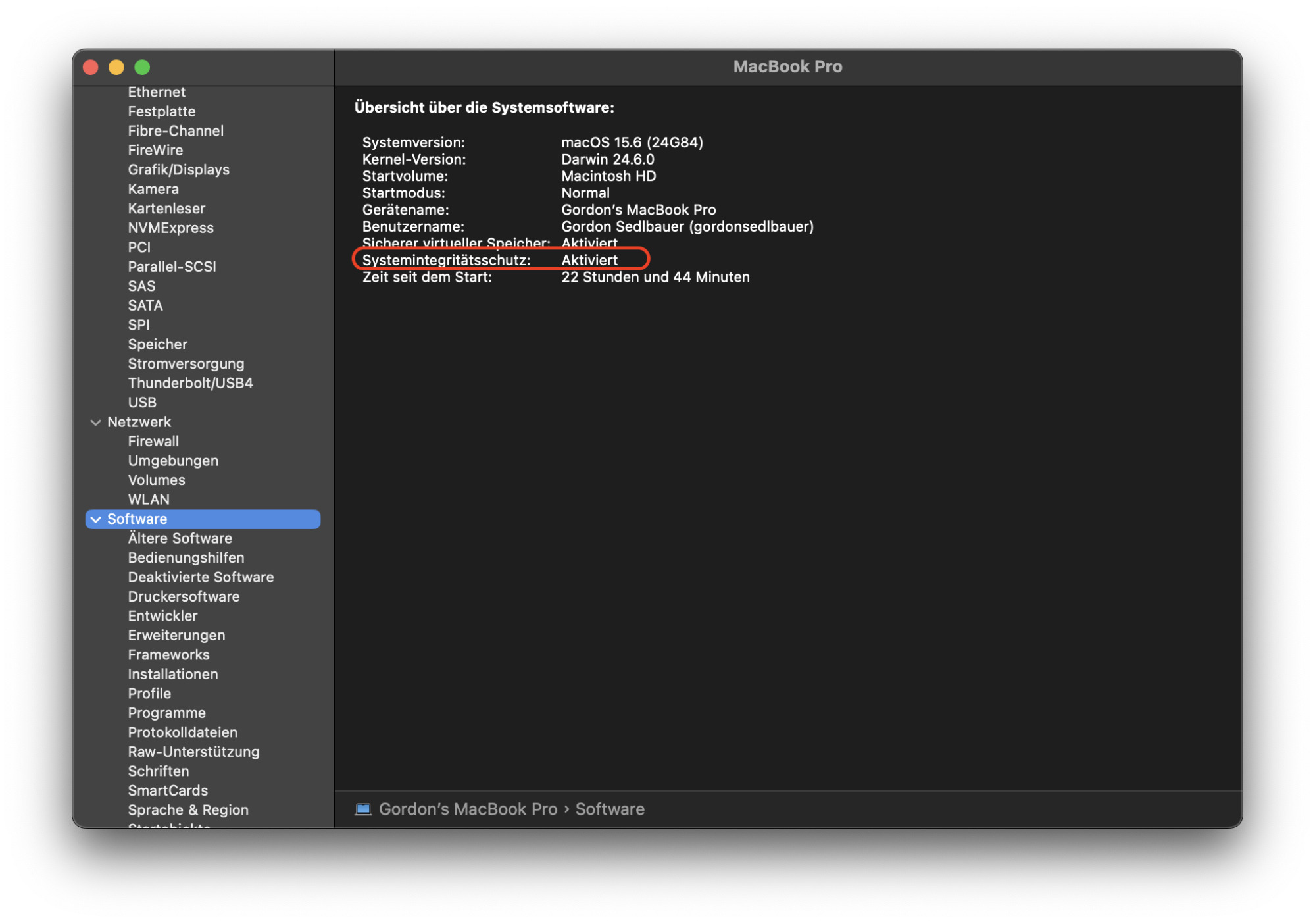 Durch vorübergehendes Deaktivieren von SIP können Sie die problematische App mit größerer Wahrscheinlichkeit öffnen. Um diese Methode auszuprobieren, überprüfen Sie, ob der Systemintegritätsschutz im Mac-Systembericht (zu finden unter Apple-Menü > Über diesen Mac) aktiviert ist, und deaktivieren Sie ihn gegebenenfalls.
