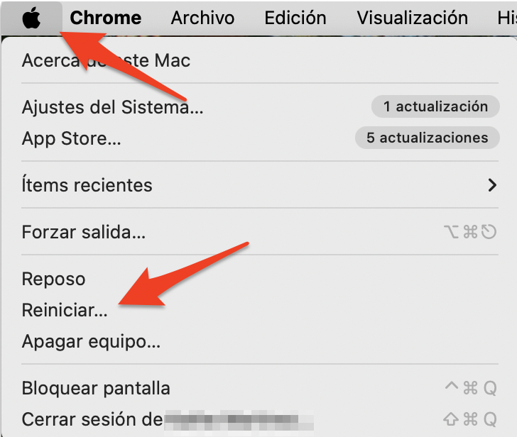 El menú Apple en macOS Monterey muestra la opción para reiniciar tu Mac. Haz clic en Reiniciar para comenzar.