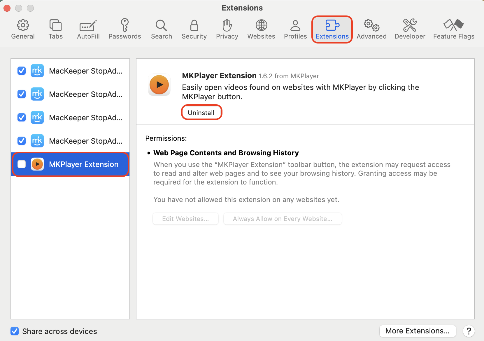 Open Extensions in Safari Settings, review installed add-ons, and click Uninstall for any unfamiliar or suspicious extension.
