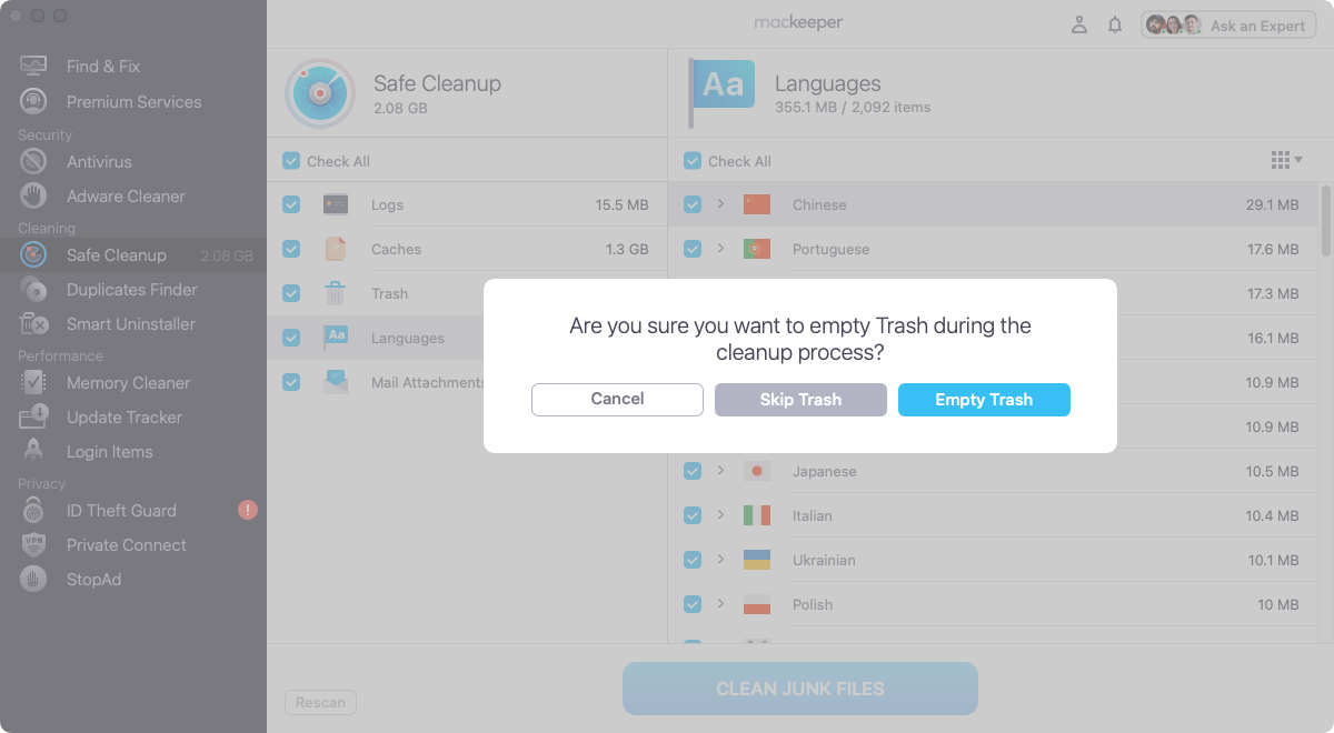 Click Remove in a pop-up window to empty the Trash.
