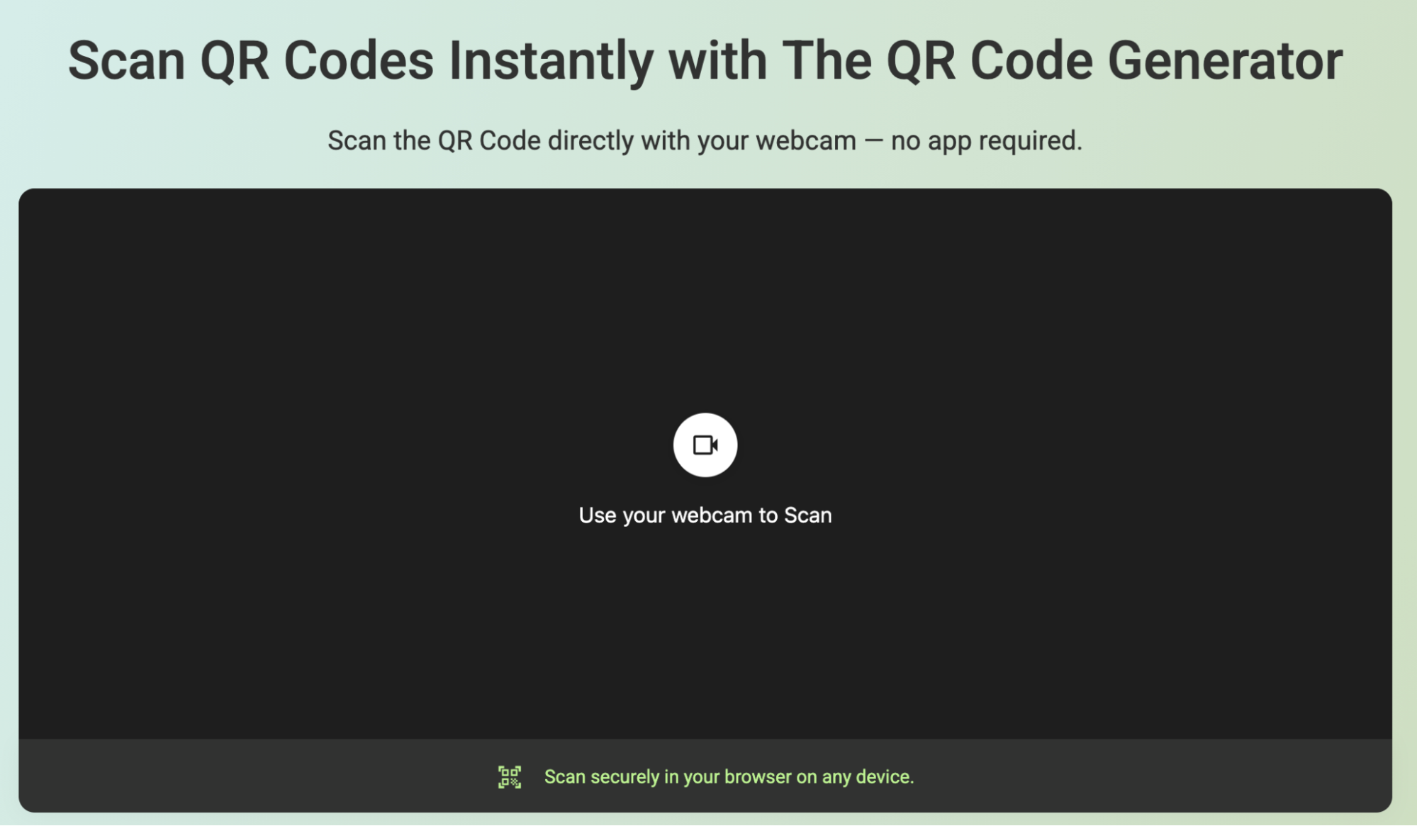 Open a trusted online QR scanner in your browser and select the Use Webcam option to scan a QR code directly with your Mac's camera.