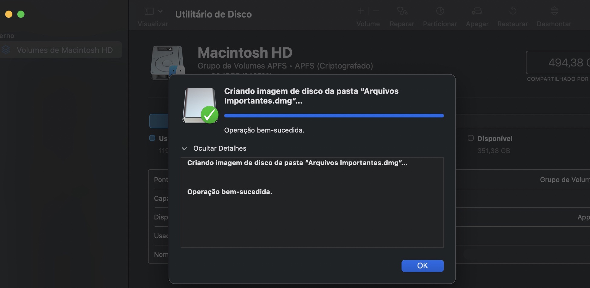 Quando o processo de proteção com senha da pasta for concluído no Utilitário de Disco do macOS, confirme clicando em OK.  