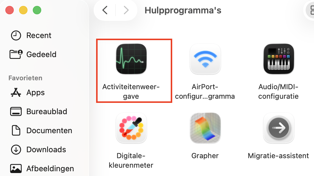Het pictogram van Activiteitenweergave in de map Hulpprogramma’s in Finder op de Mac. Gebruik Activiteitenweergave om verdachte processen te vinden als je wilt weten hoe je kunt controleren op malware op je Mac.