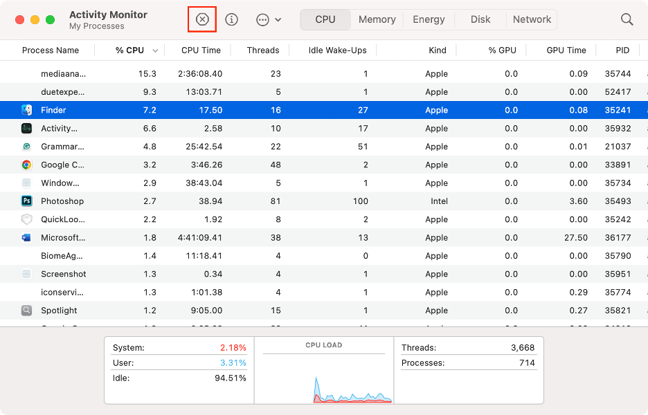 To force quit Finder using Activity Monitor on your Mac and solve any issues, select Finder from the list and click the X icon.