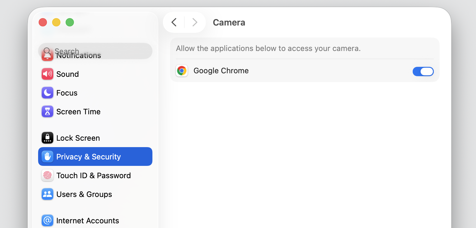 System Settings Camera pane on macOS listing apps with webcam access and toggles to switch off camera permissions on an Apple laptop.