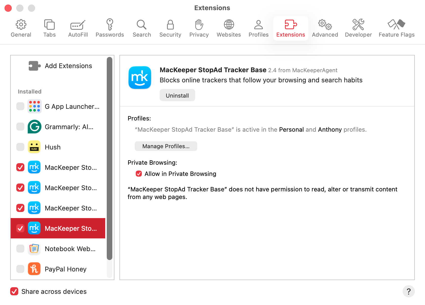 When you install MacKeeper, its StopAd extensions will automatically be available to you, but you might need to enable them from Safari's settings. Simply tick all the boxes with 'MacKeeper' in the name.