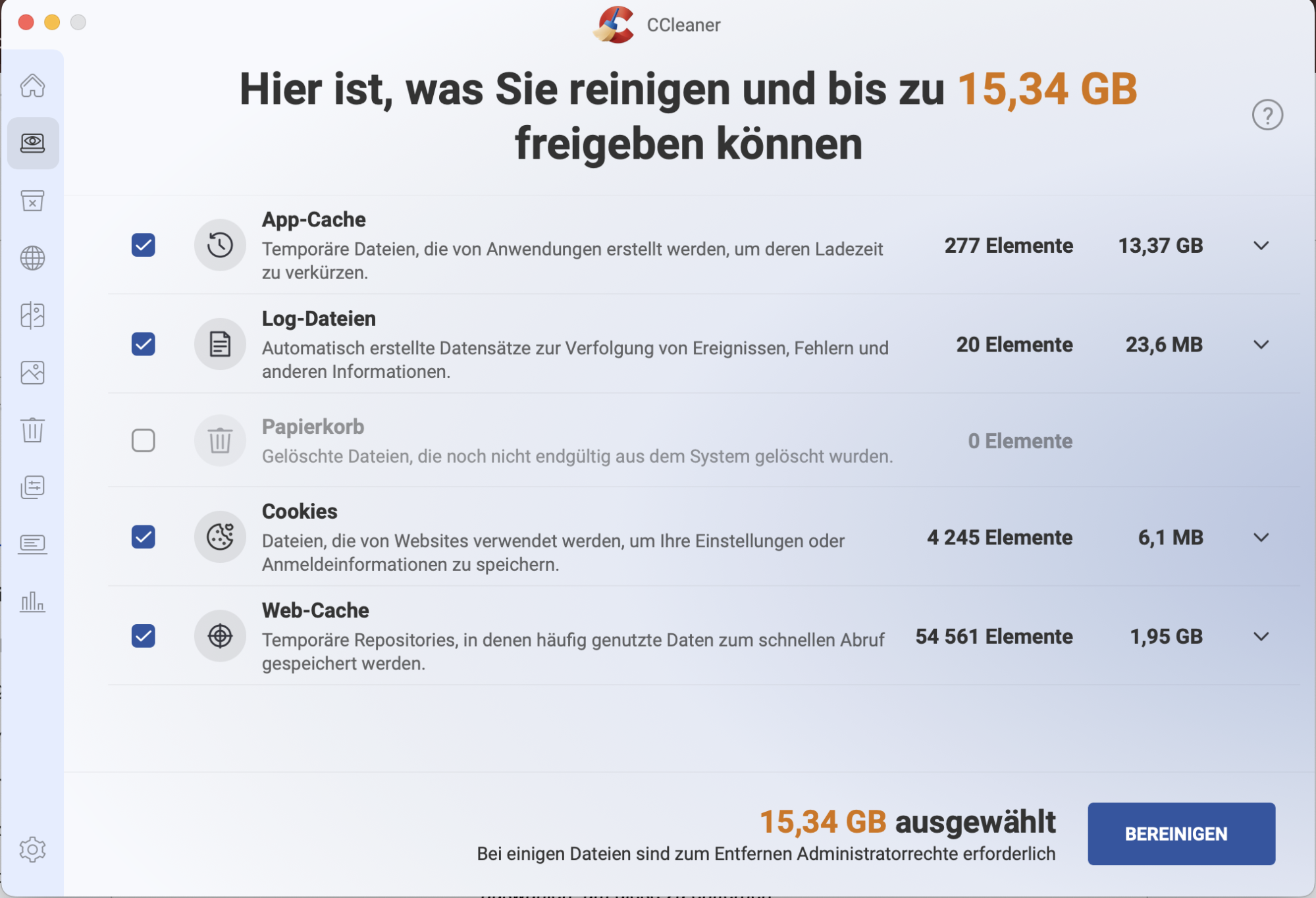CCleaner für Mac ermöglicht Benutzern das Scannen nach Datenmüll wie Anwendungscaches. Nachdem Ihr Gerät danach gescannt hat, können Sie Bereinigen auswählen, um diese zu entfernen.