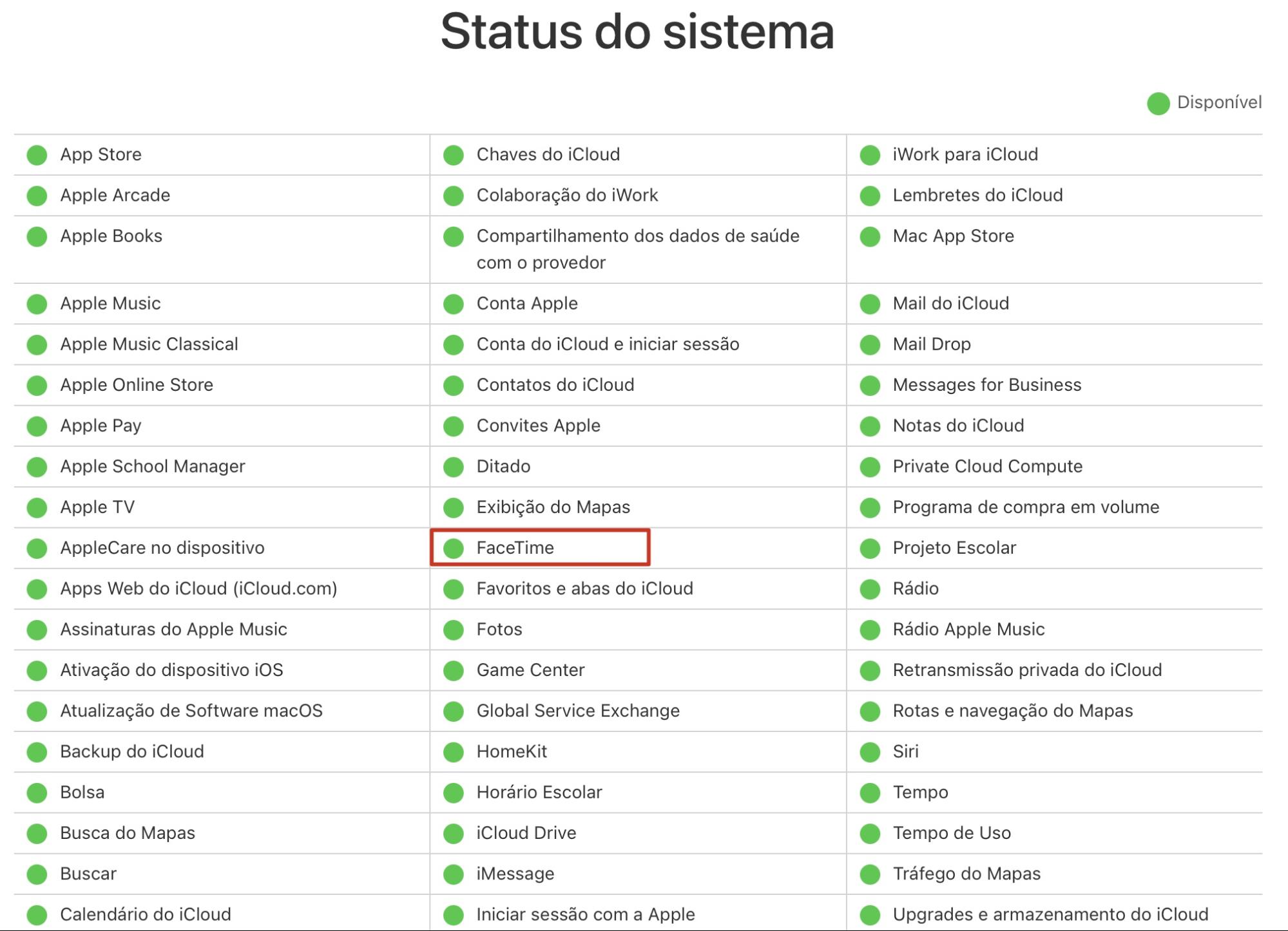 Verifique o status do sistema do Apple FaceTime na Internet.