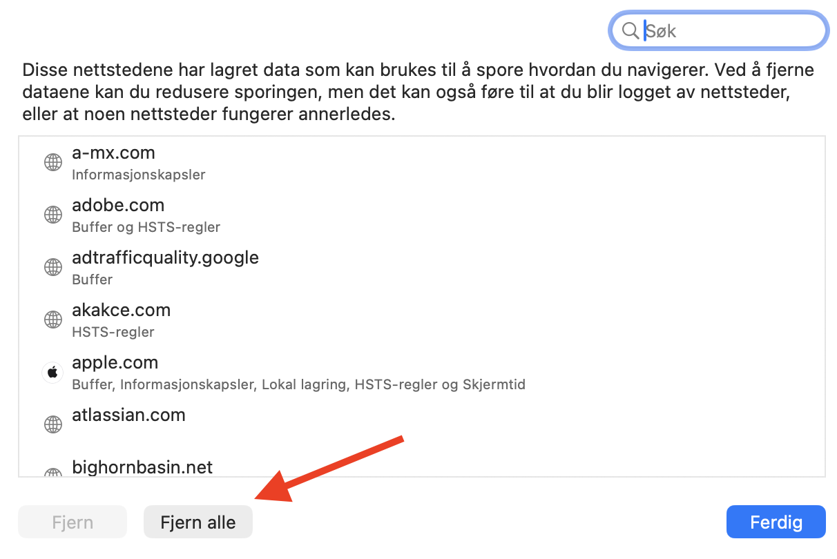 Safari på Mac viser alle nettstedsdata. Klikk på Fjern alle-knappen, og klikk deretter på Fjern nå for å tømme alle bufferfiler.