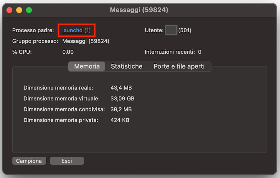 Concludi l’ispezione selezionando l’opzione Processo padre, che aprirà una finestra separata dedicata ai dettagli del processo.
