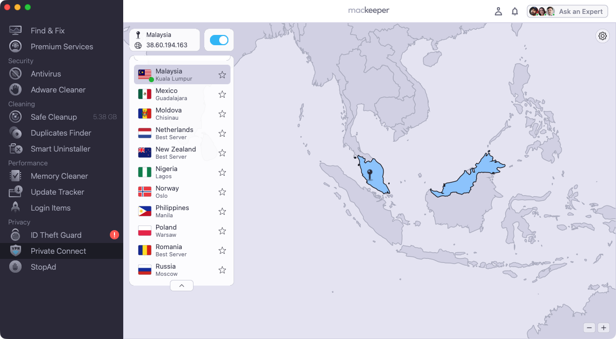With MacKeeper's VPN tool, you can connect to one of hundreds of servers around the world, encrypting your data and hiding your real IP address.