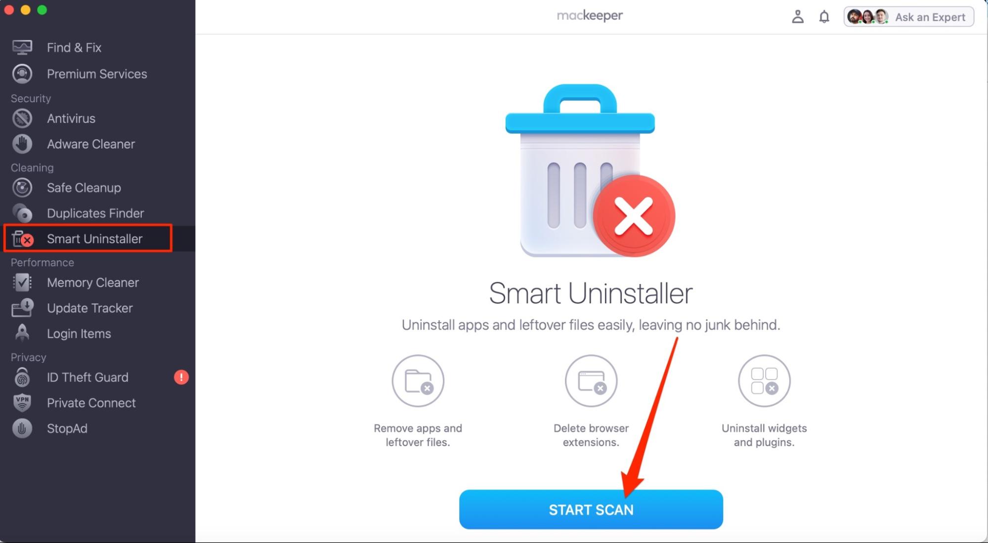 You'll need to choose Smart Uninstaller in MacKeeper to begin the process of uninstalling a printer, before hitting your Mac's Start Scan button