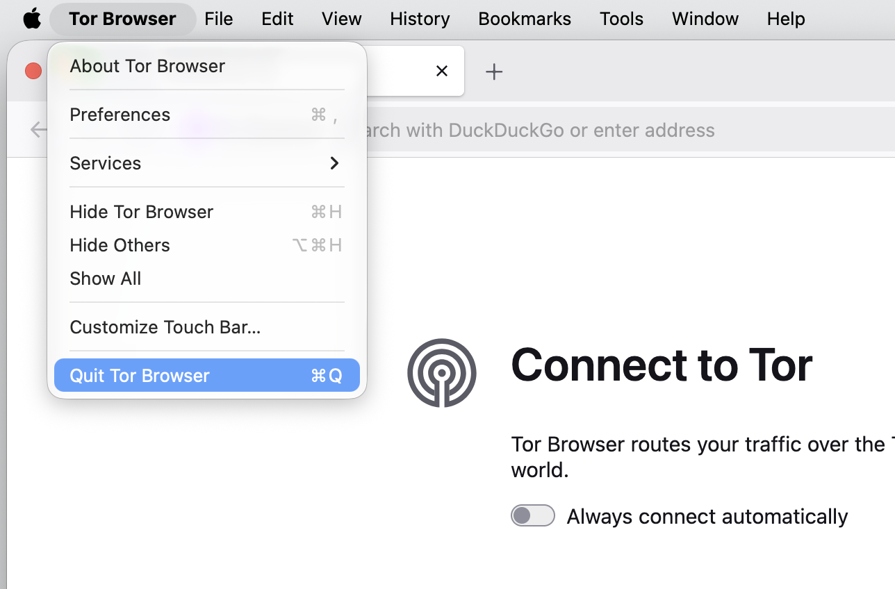 Tor Browser menu in the macOS menu bar with Quit Tor Browser highlighted, the step that closes the app on an Apple laptop before removal. Tor Browser menu in the macOS menu bar with Quit Tor Browser highlighted, the step that closes the app on an Apple laptop before removal.