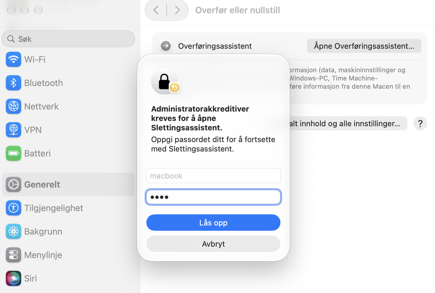 Åpne Overføringsassistent fra Apper > Verktøy. Skriv inn brukernavn og passord når du blir bedt om å fortsette.
