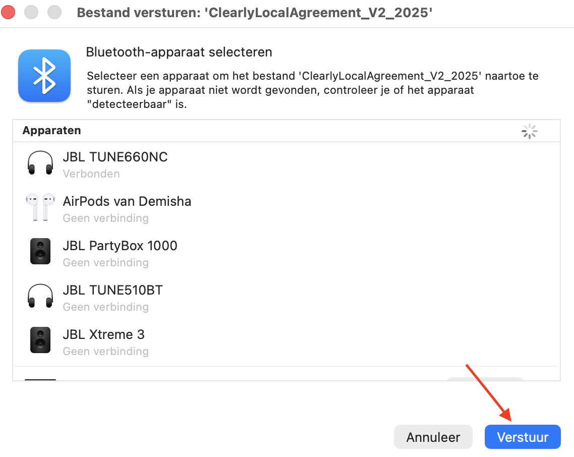 Bluetooth-bestandsuitwisseling op Mac met het verzendscherm. Selecteer je nieuwe Mac en klik vervolgens op Stuur om bestanden van Mac naar Mac over te zetten via Bluetooth.