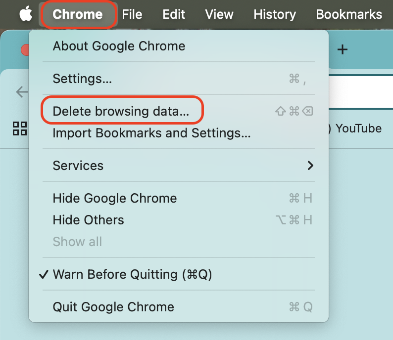 Open Google Chrome, click Chrome in the top menu bar, and choose Delete Browsing Data to access options for clearing cached files, cookies, and browsing history.