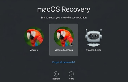 macOS Recovery user selection screen on an Apple Silicon Mac asking you to choose an admin account whose password you know to continue.