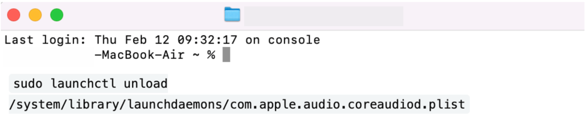 In Terminal, you’ll need to unload the current daemon by entering this command: sudo launchctl unload /system/library/launchdaemons/com.apple.audio.coreaudiod.plist, as this will prevent it from writing to the current directory–allowing it to be recreated.