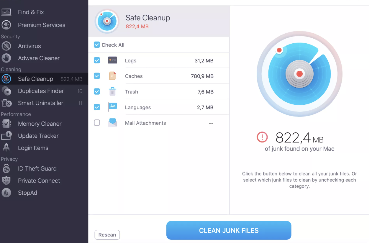 Once the scan has been completed, tick the files for everything you want to remove. Then, go to the bottom of the window and select Clean Junk Files.