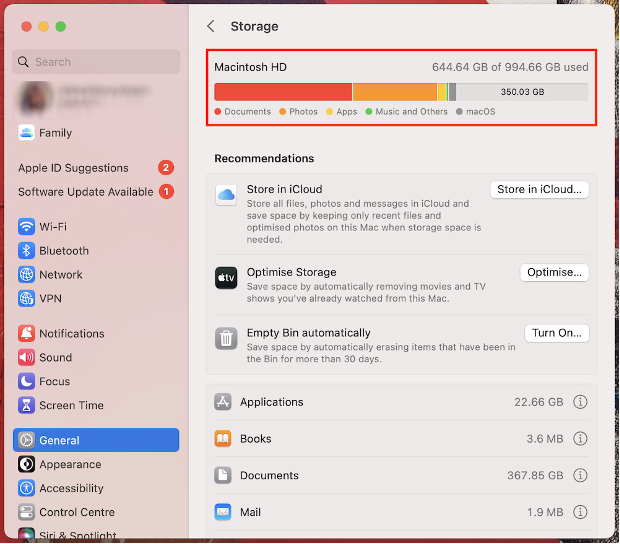 To check your Mac’s free storage, look at the colorful bar graph.